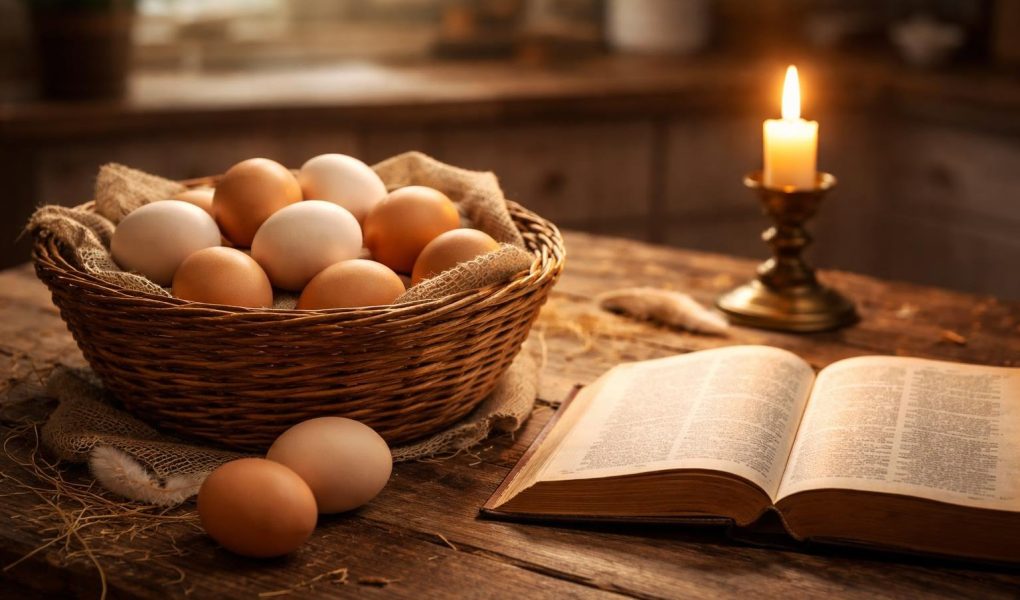table-bois-panier-oeufs-bougie-bible