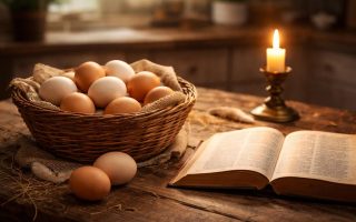 table-bois-panier-oeufs-bougie-bible