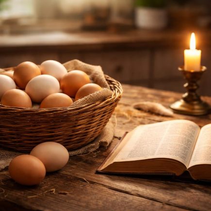 table-bois-panier-oeufs-bougie-bible