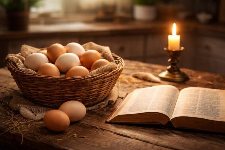 table-bois-panier-oeufs-bougie-bible