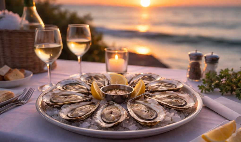 table-huitres-ocean-coucher-soleil