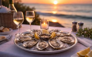 table-huitres-ocean-coucher-soleil