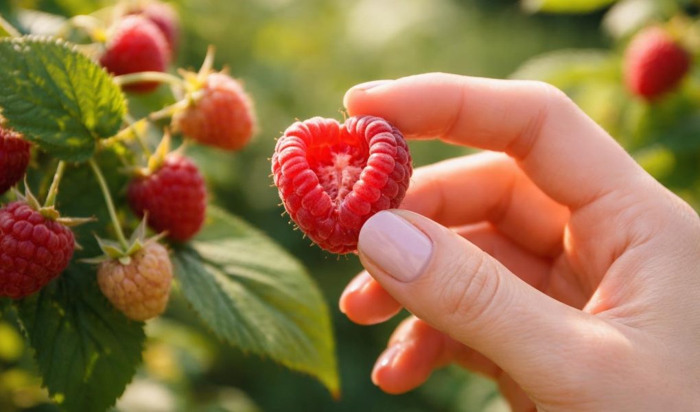 main-feminine-framboise-jardin-feuilles