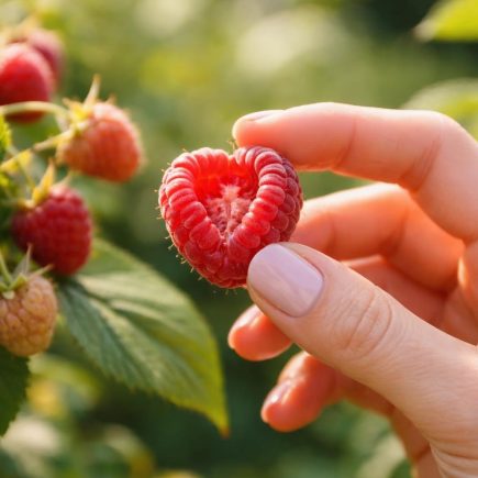 main-feminine-framboise-jardin-feuilles