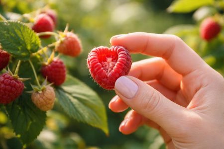 main-feminine-framboise-jardin-feuilles