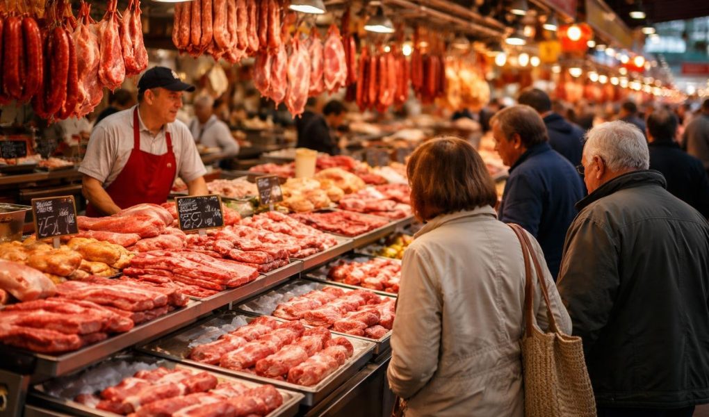 marche-traditionnel-viande-etals-colorés