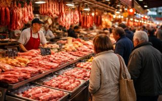 marche-traditionnel-viande-etals-colorés